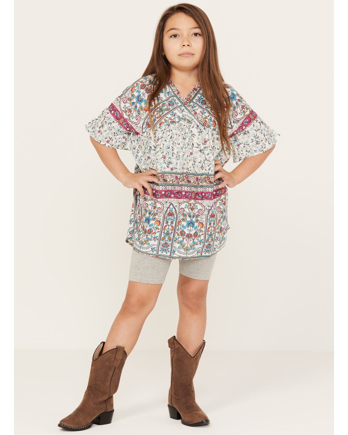 Hayden Girls' Printed Bell Sleeve Tunic, White, hi-res