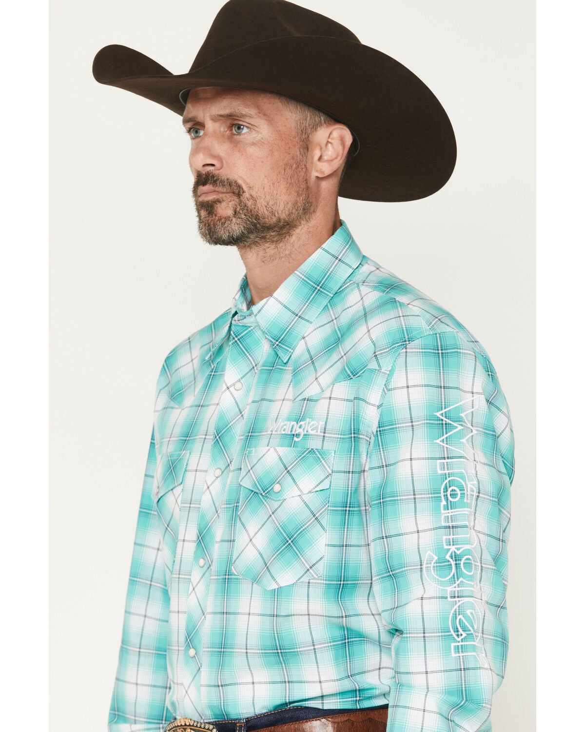 Image #2 - Wrangler Men's Logo Plaid Print Long Sleeve Snap Western Shirt, Turquoise, hi-res