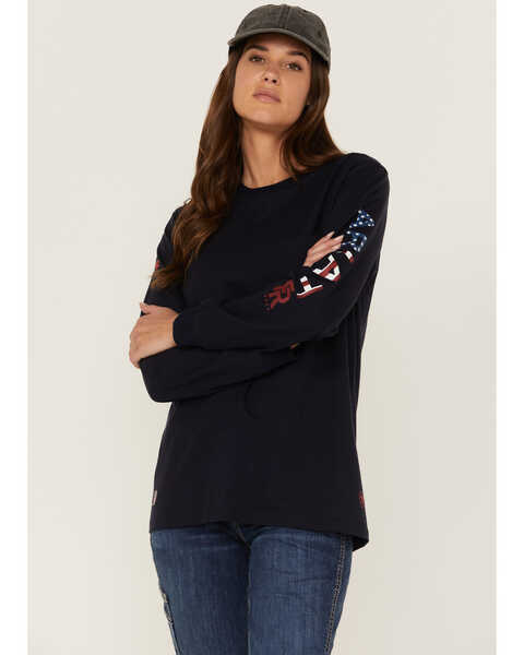 Image #1 - Ariat Women's FR USA Stretch Logo Long Sleeve Work Pocket T-Shirt , Navy, hi-res