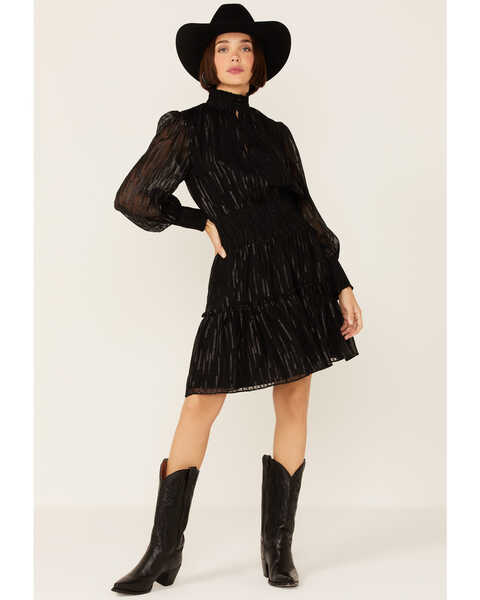 Revel Women's Black Sparkle Shirred Mock Neck Party Dress, Black, hi-res