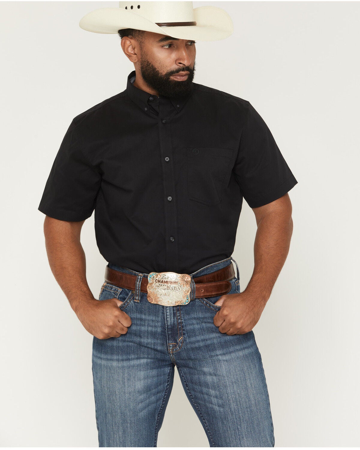 Cody James Men's Basic Solid Short Sleeve Button-Down Stretch Western Shirt - Tall, Black, hi-res