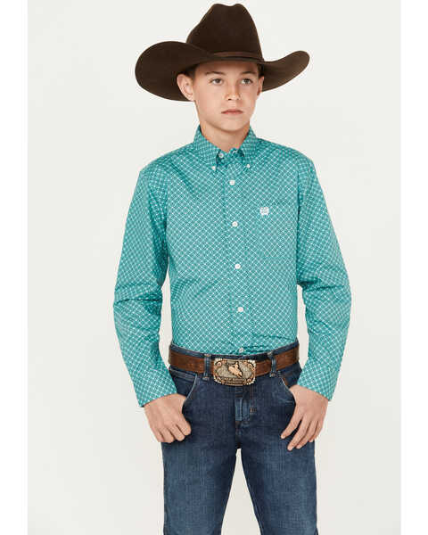 Cinch Boys' Geo Print Long Sleeve Button-Down Western Shirt, Turquoise, hi-res