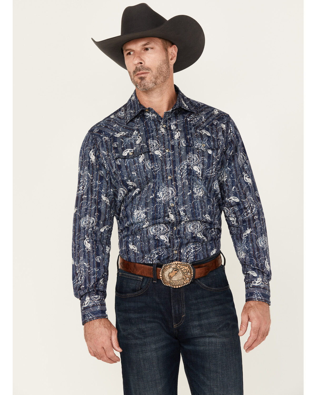Image #1 - Wrangler Retro Men's Paisley Print Long Sleeve Snap Western Shirt, Navy, hi-res