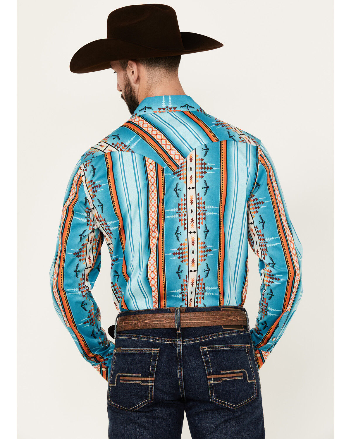 Image #4 - Rock & Roll Denim Men's Southwestern Striped Print Long Sleeve Snap Stretch Western Shirt, Turquoise, hi-res
