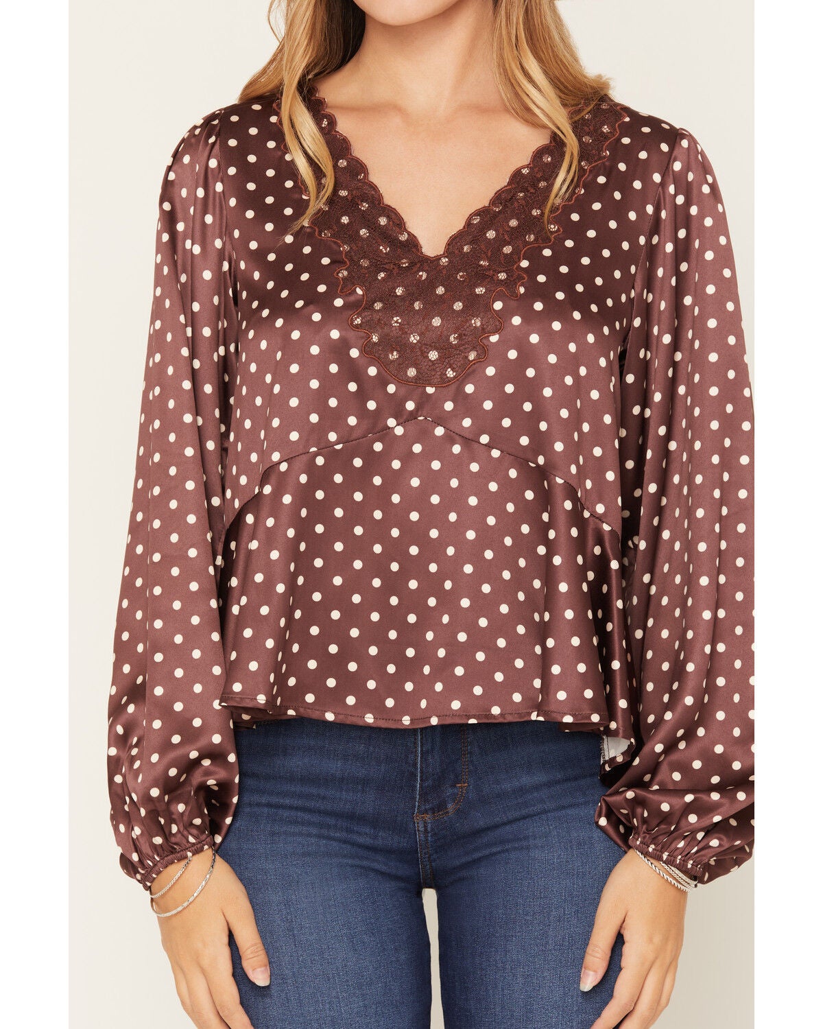 Image #3 - By Together Women's Lace Trim Polka Dot Blouse, Chocolate, hi-res