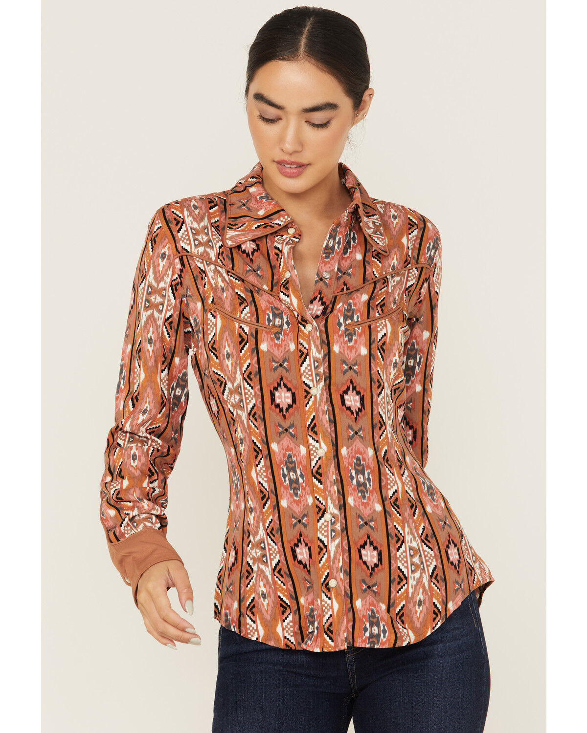 Image #2 - Wrangler x Lainey Wilson Women's Southwestern Print Long Sleeve Snap Western Shirt, Red, hi-res
