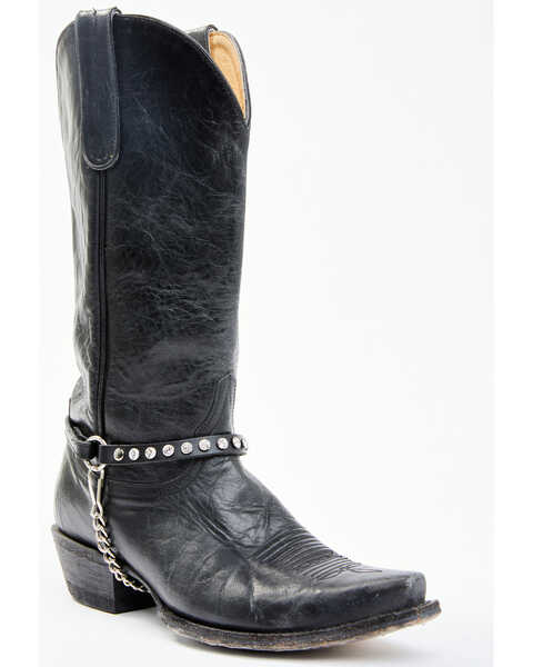Almax Women's Rhinestone Stud Leather Boot Strap, Black, hi-res
