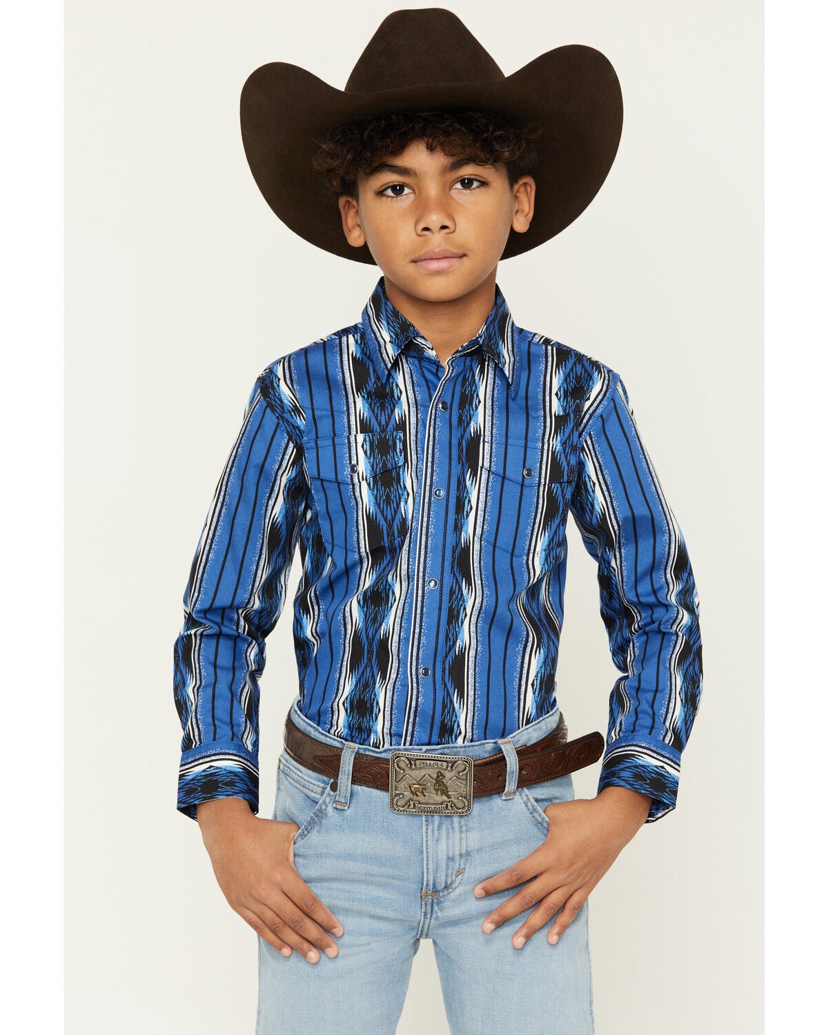 Wrangler Boys' Southwestern Striped Long Sleeve Pearl Snap Western Shirt, Blue, hi-res