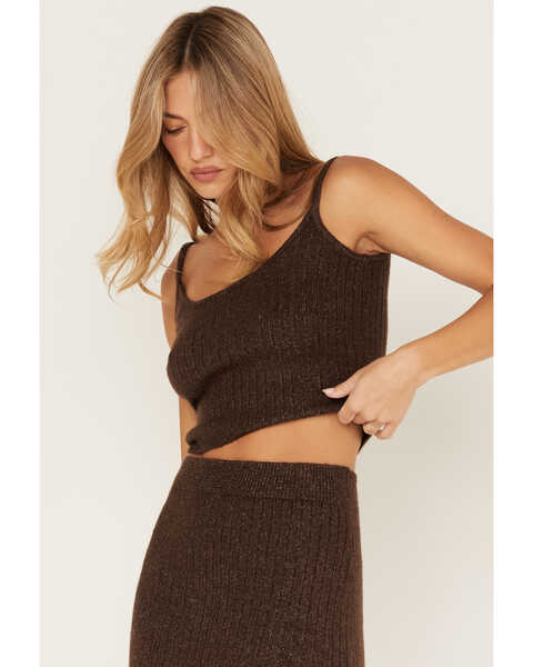Image #2 - Cleo + Wolf Women's Ribbed Sweater Knit Cropped Tank Top, Chocolate, hi-res