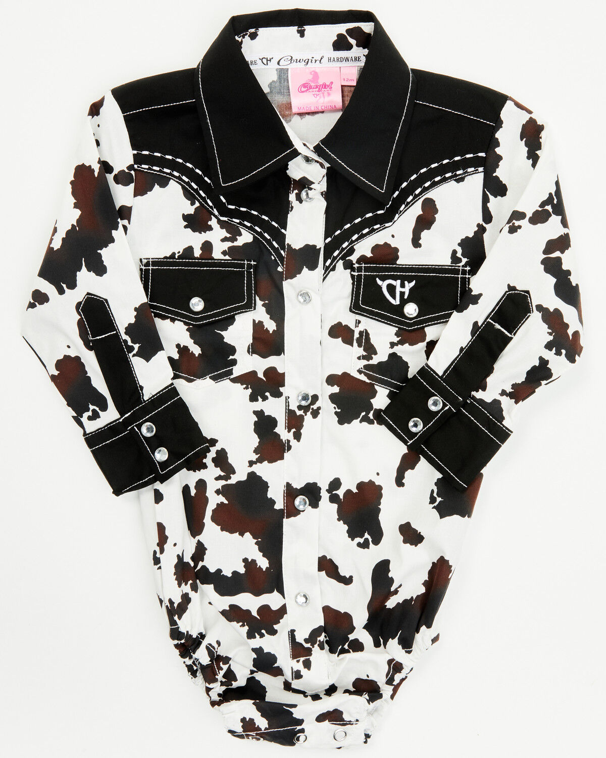 Image #1 - Cowgirl Hardware Infant Girls' Moody Cow Print Long Sleeve Snap Onesie, Black, hi-res