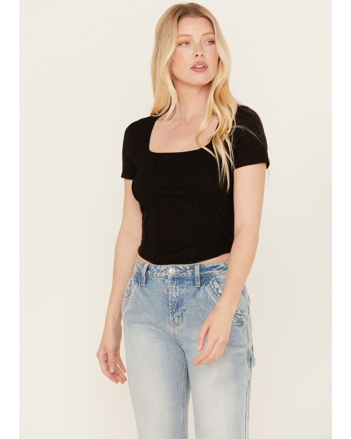 Image #1 - Moa Moa Women's Ribbed Corset Style Short Sleeve Top, Black, hi-res