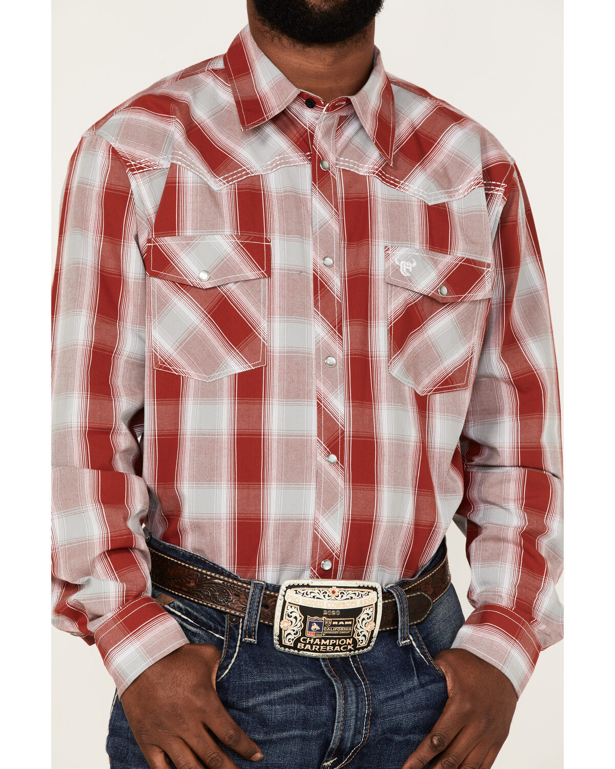 Image #3 - Cowboy Hardware Men's Burgundy Hombre Plaid Long Sleeve Pearl Snap Western Shirt, , hi-res