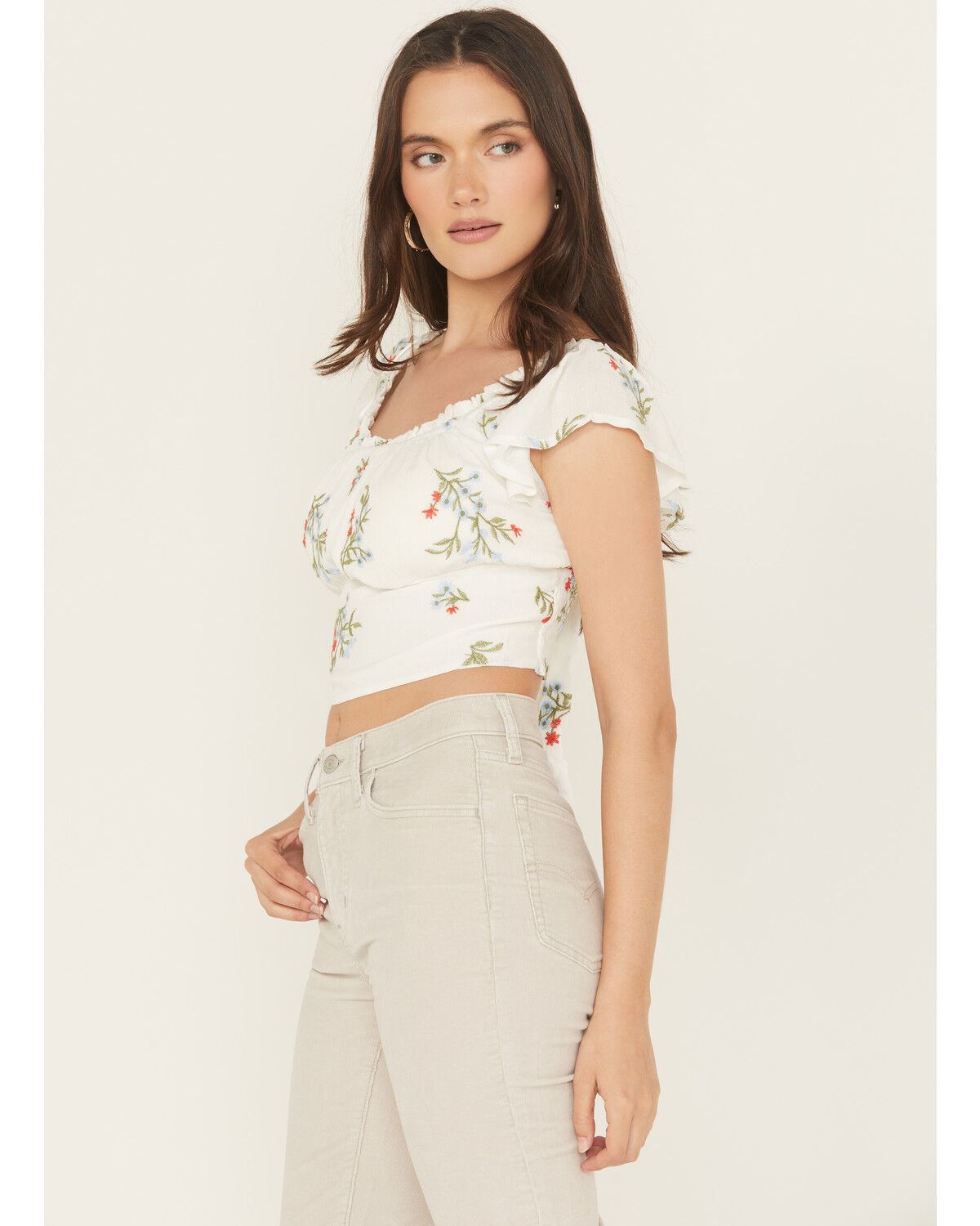 Image #2 - Wild Moss Women's Floral Embroidered Short Sleeve Cropped Shirt, White, hi-res