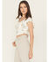 Image #2 - Wild Moss Women's Floral Embroidered Short Sleeve Cropped Shirt, White, hi-res
