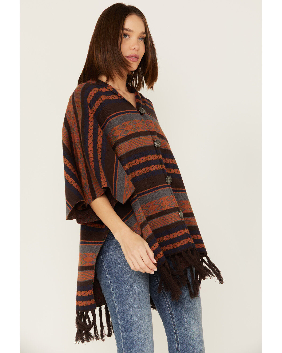 Image #2 - Cruel Girl Women's Southwestern Striped Print Poncho, Brown, hi-res