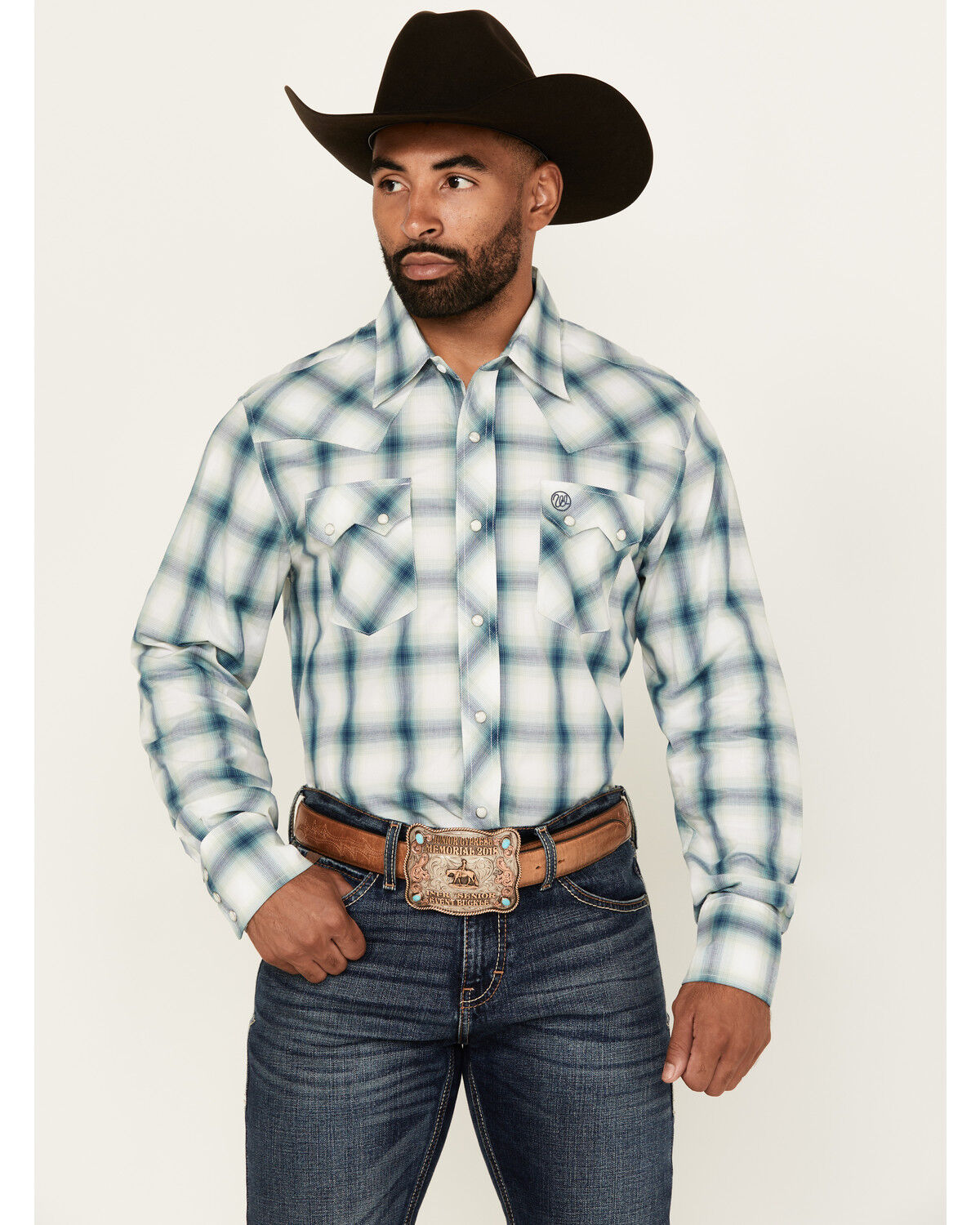 Image #1 - Wrangler Retro Men's Plaid Print Long Sleeve Snap Western Shirt - Tall, Turquoise, hi-res