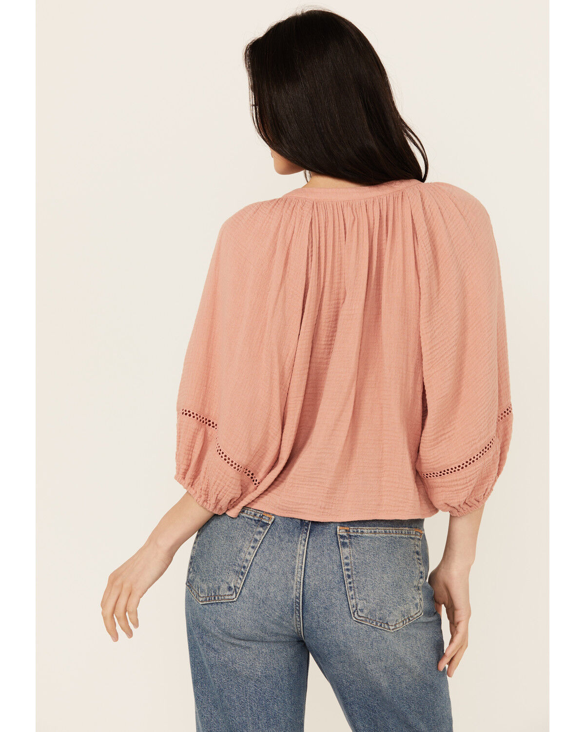 Image #4 - Cleo + Wolf Women's Brie Crochet Trim Long Sleeve Shirt, Peach, hi-res