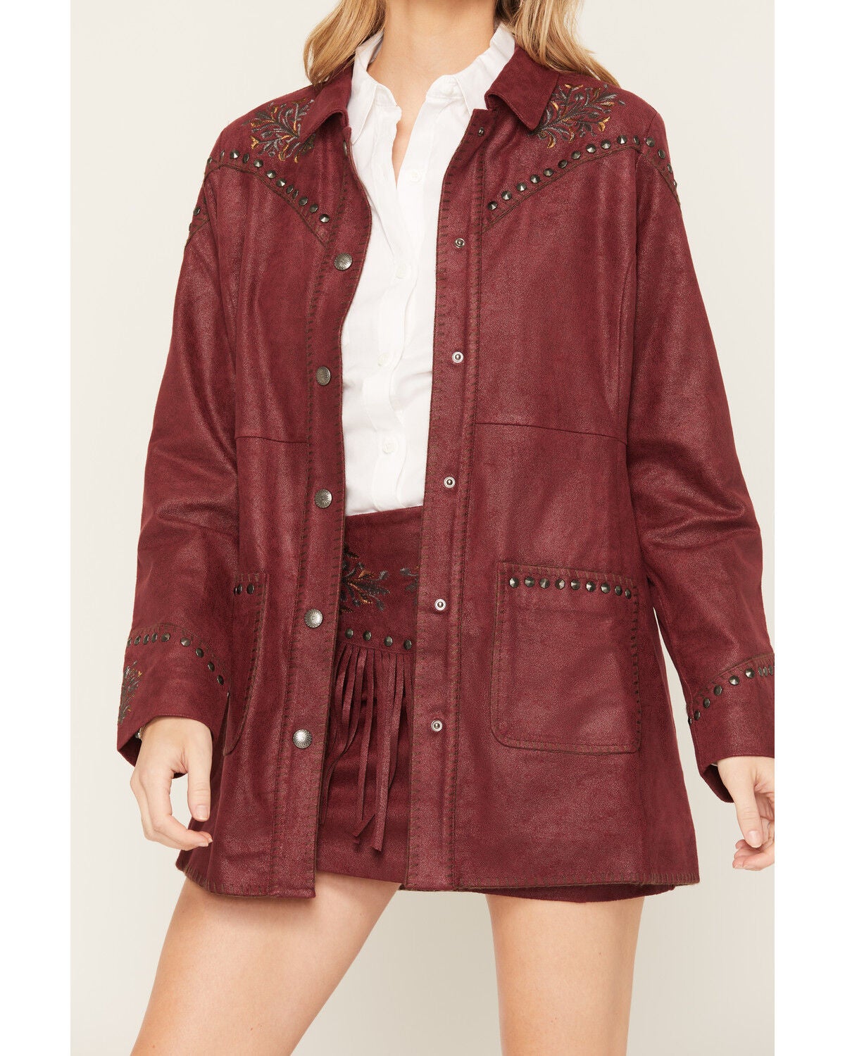 Image #3 - Shyanne Women's Faux Suede Metallic Embroidered Studded Jacket, Maroon, hi-res