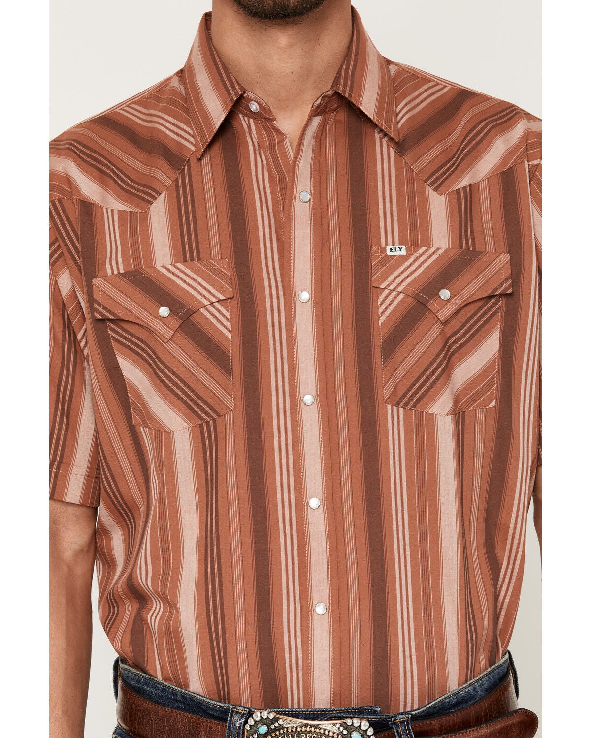 Image #3 - Ely Walker Men's Striped Short Sleeve Pearl Snap Western Shirt, Rust Copper, hi-res