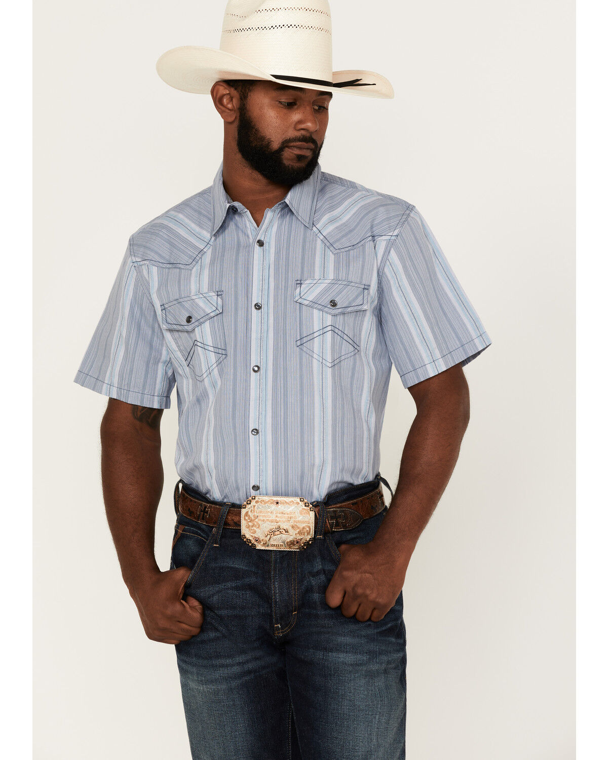 Image #1 - Cody James Men's Springs Vertical Stripe Short Sleeve Snap Western Shirt, Blue, hi-res