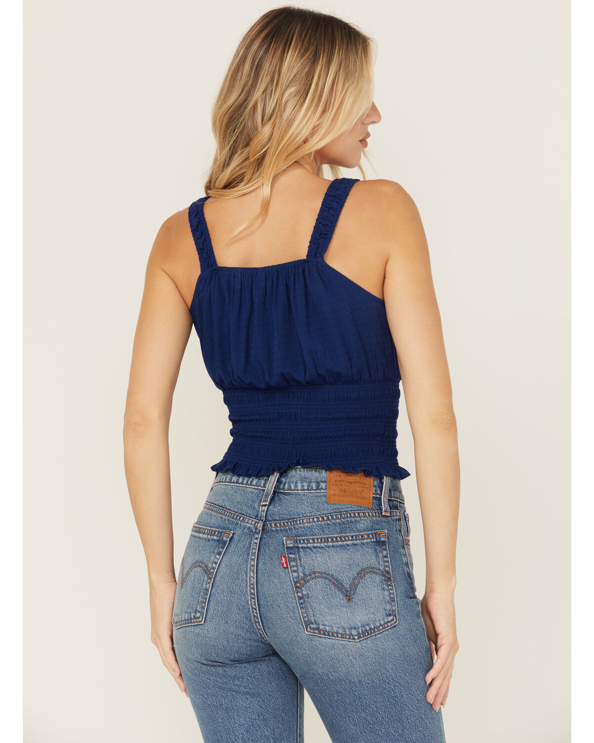 Image #4 - Shyanne Women's Solid Jacquard Smocked Sleeveless Tank Top, Blue, hi-res