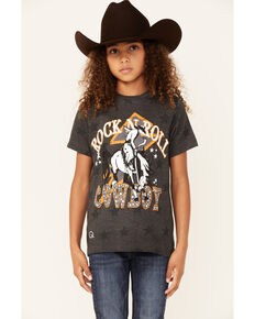 Rodeo Quincy Girls' Grey Rock N' Roll Cowboy Short Sleeve T-Shirt, Dark Grey, hi-res