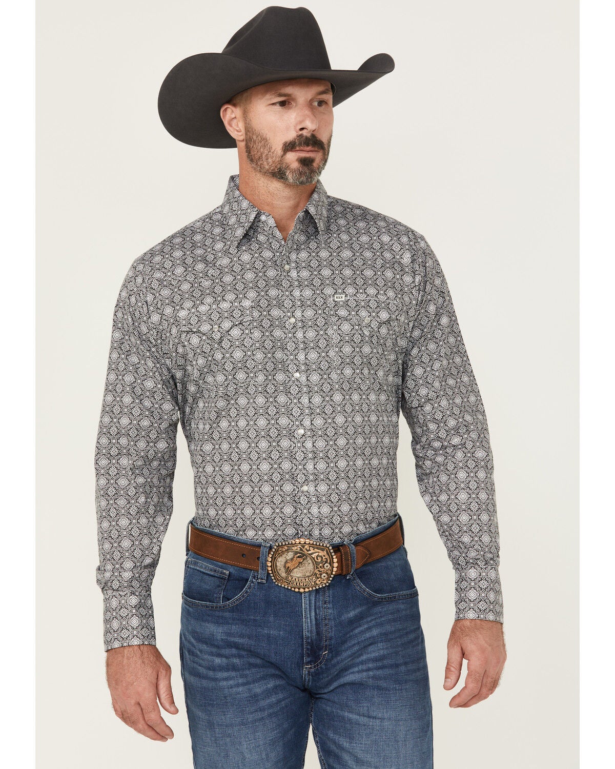 Ely Walker Men's Medallion Print Long Sleeve Pearl Snap Western Shirt, Black, hi-res