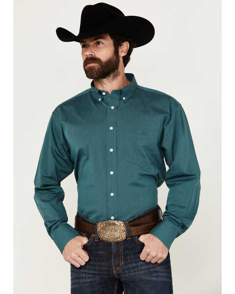 Image #1 - Resistol Men's Jackson Business Micro Striped Long Sleeve Button-Down Western Shirt , Teal, hi-res