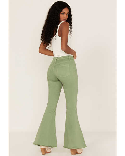 Image #3 - Sneak Peek Women's High Rise Distressed Flare Jeans, Green, hi-res