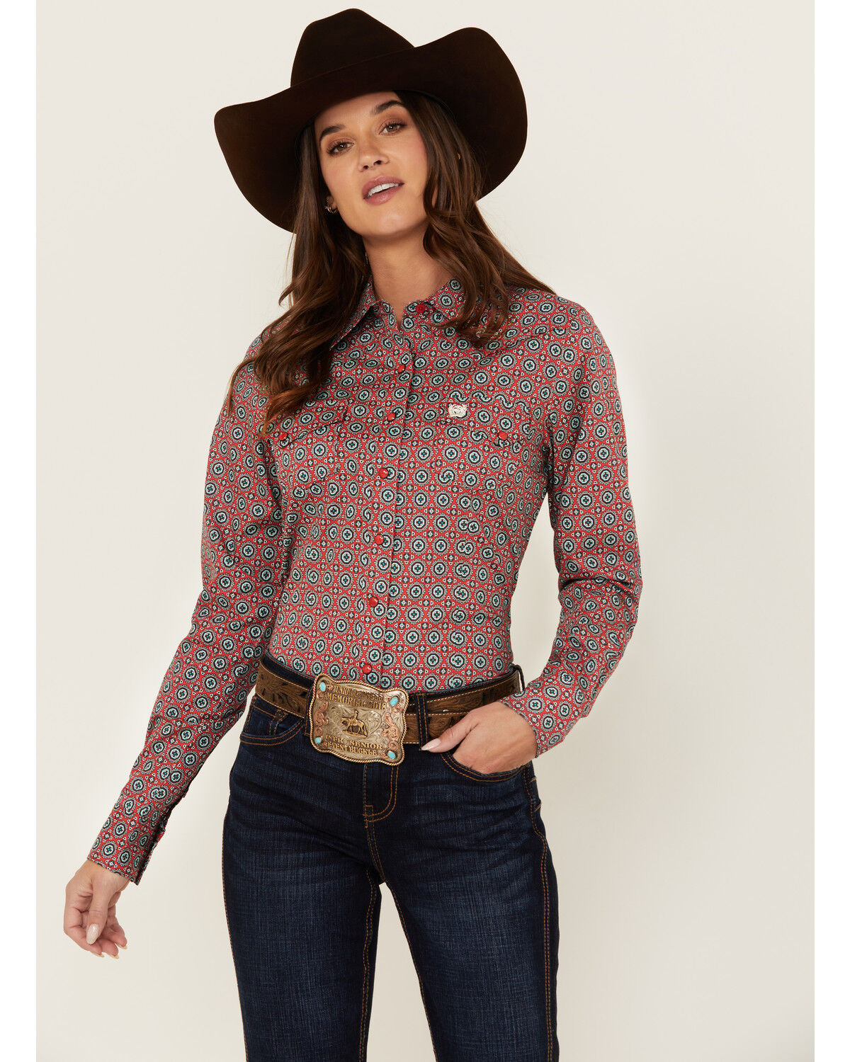 Image #1 - Cinch Women's Printed Long Sleeve Snap Western Shirt, Red, hi-res