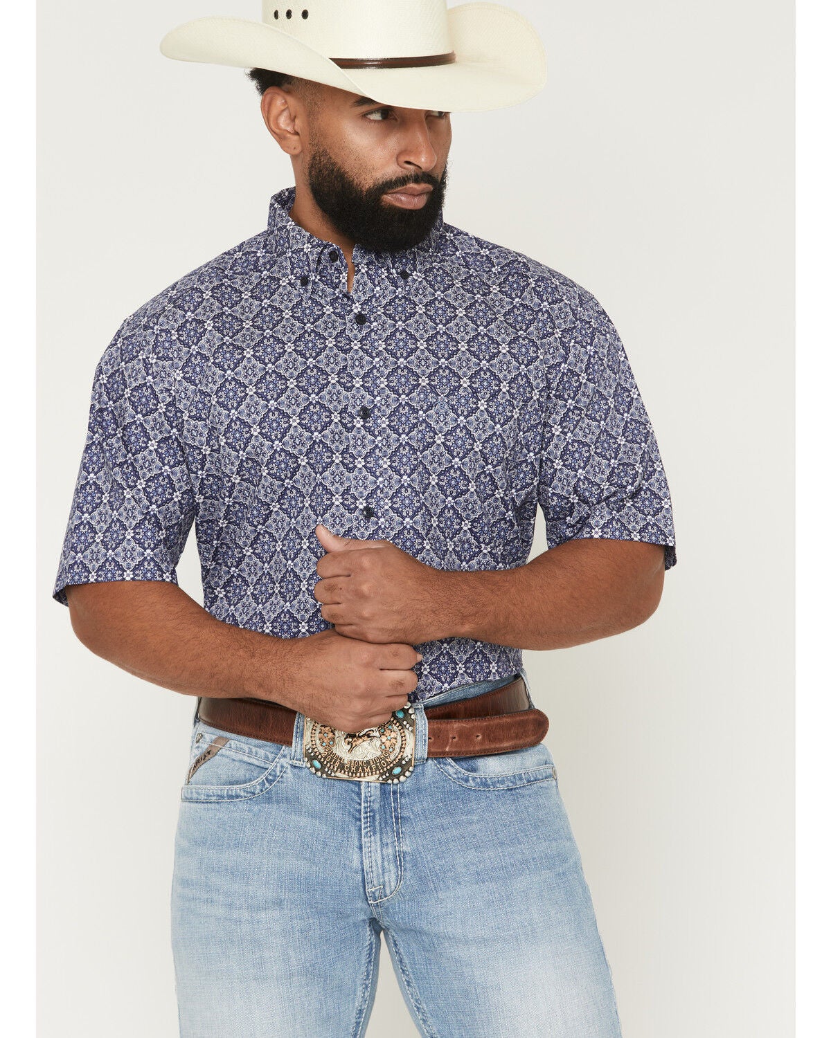 Image #1 - Ariat Men's Bill Medallion Print Short Sleeve Button-Down Western Shirt - Big, Blue, hi-res
