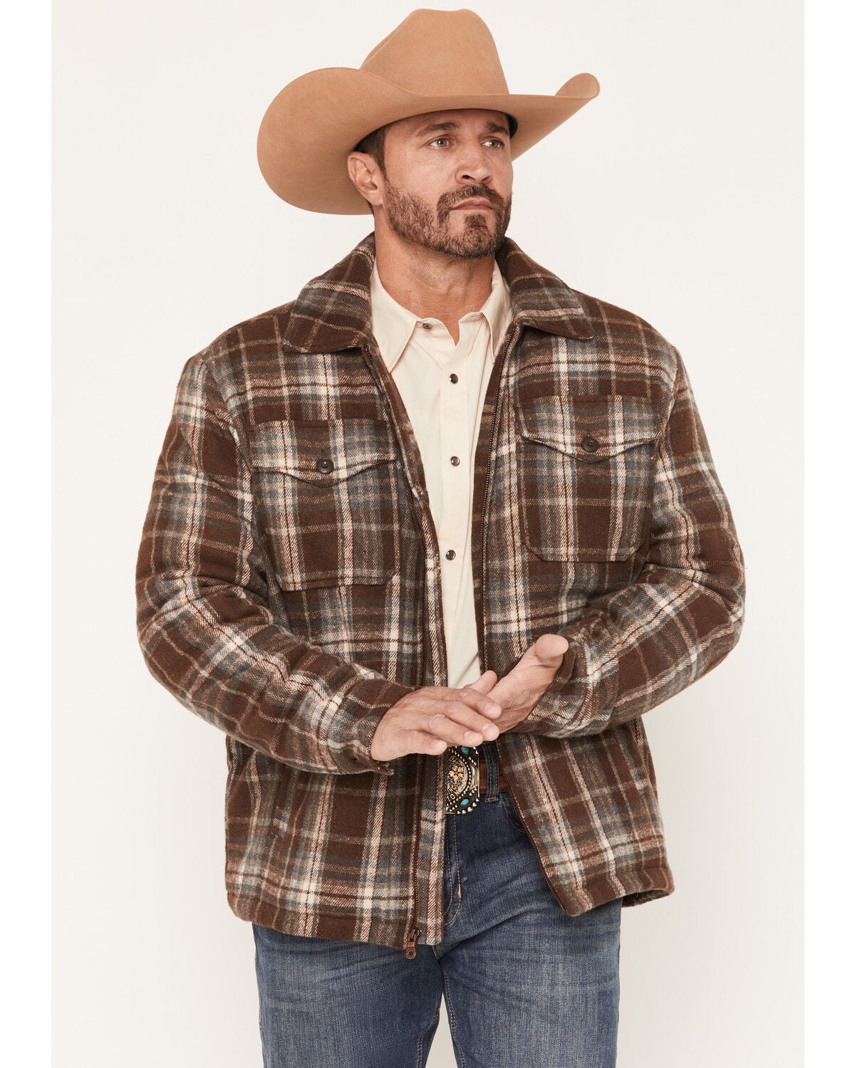Cripple Creek Men's Plaid Print Sherpa Lined Zip Sherpa Jacket, Brown, hi-res