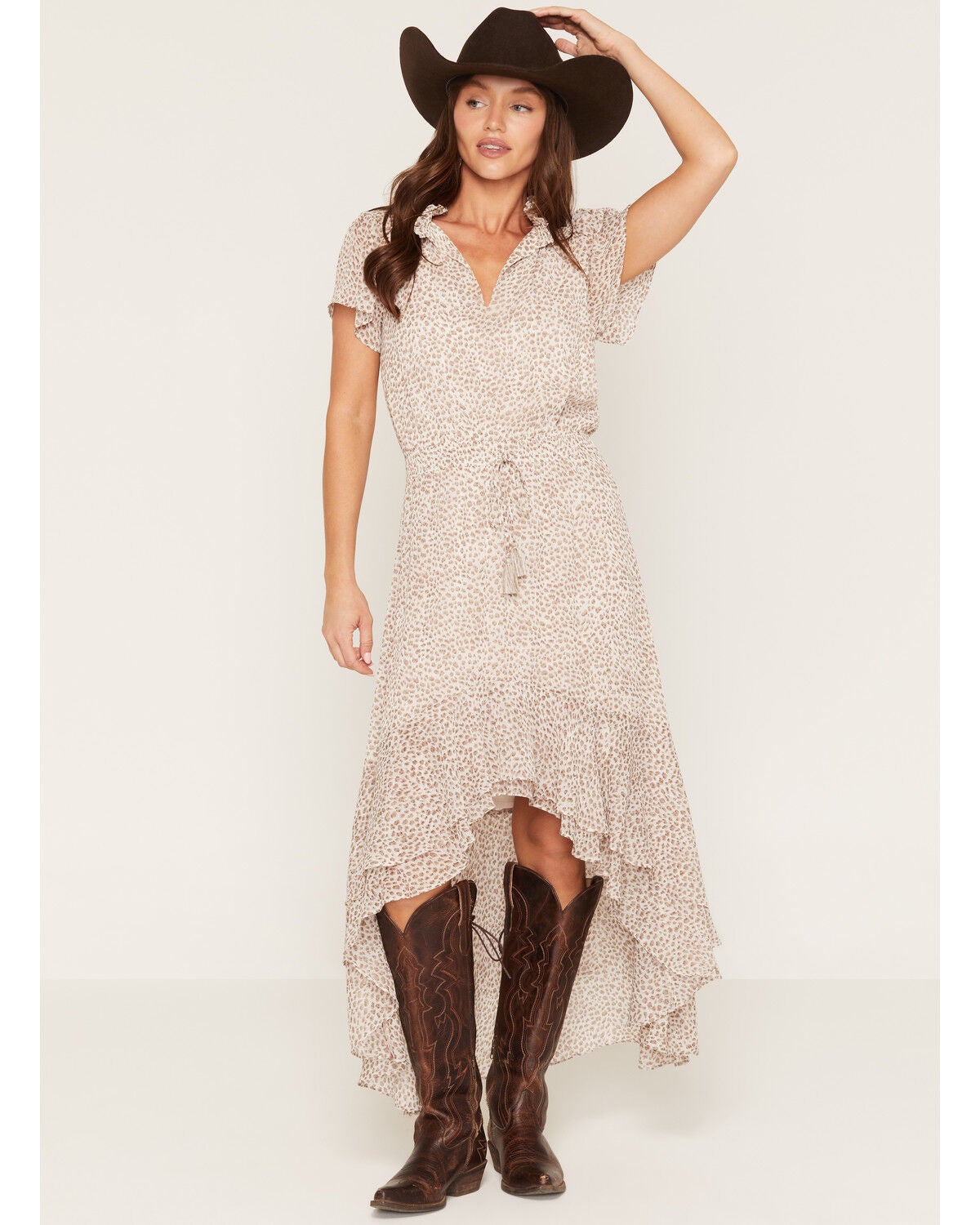 Lovestitch Women's Leopard Print Short Sleeve High-Low Midi Dress, Ivory, hi-res