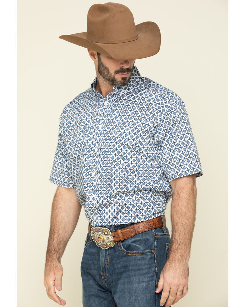 Tuf Cooper Men's Competition White Stretch Geo Print Short Sleeve Western Shirt  , Blue, hi-res