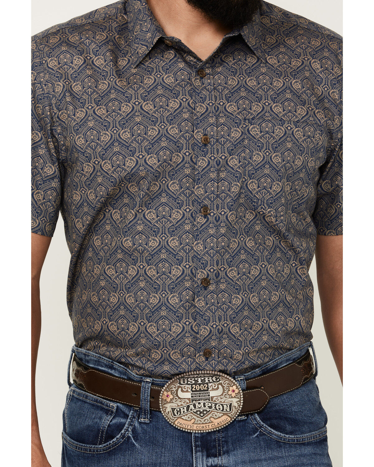 Image #3 - Gibson Trading Co Men's Rain Down Medallion Print Short Sleeve Button-Down Western Shirt, Navy, hi-res