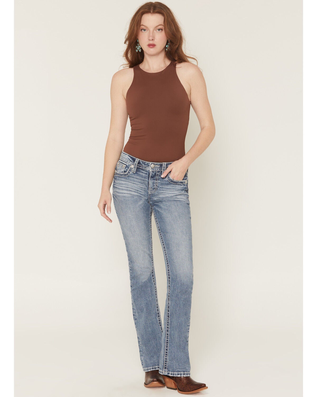 Image #3 - Miss Me Women's Medium Wash Mid Rise Logo Pocket Bootcut Stretch Denim Jeans, Medium Wash, hi-res