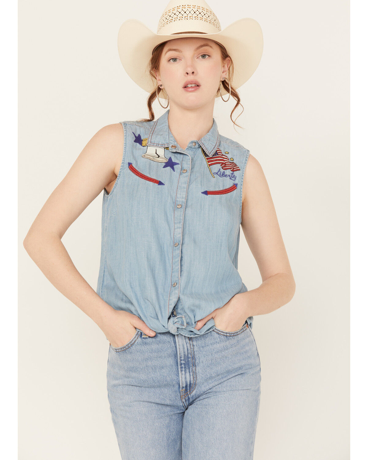 Image #1 - Ariat Women's Liberty Embroidered Button Down Sleeveless Top, Blue, hi-res