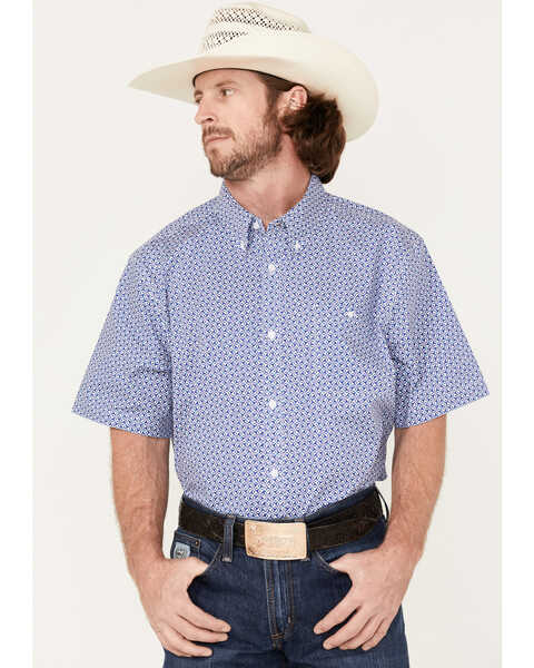RANK 45® Men's Troubador Geo Print Short Sleeve Button-Down Western Shirt , Blue, hi-res