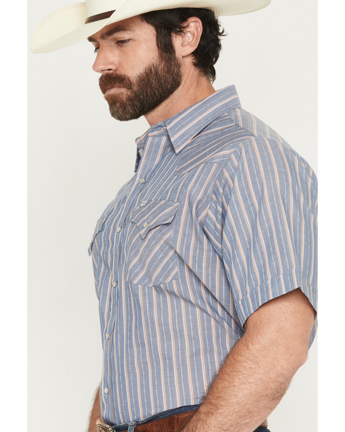 Image #2 - Ely Walker Men's Barbed Wire Striped Short Sleeve Pearl Snap Western Shirt, Blue, hi-res