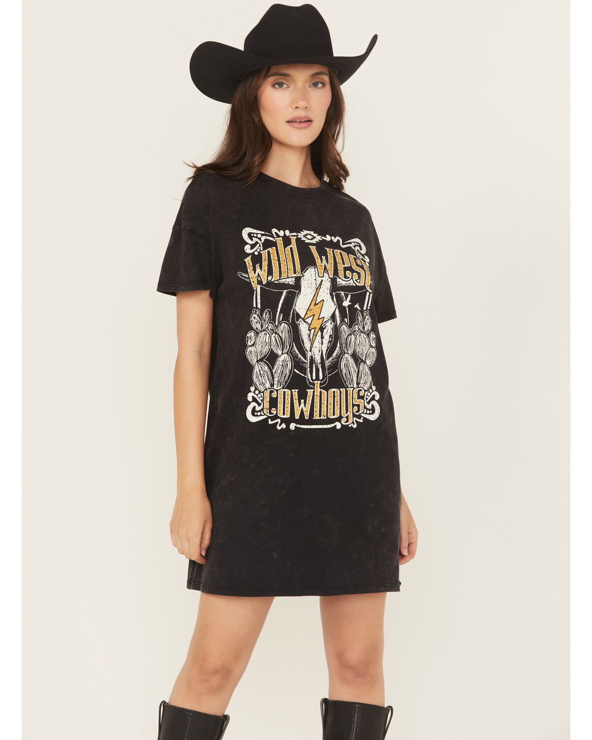 Image #1 - Rock & Roll Denim Women's Wild West Short Sleeve Graphic Mini T-Shirt Dress, Black, hi-res