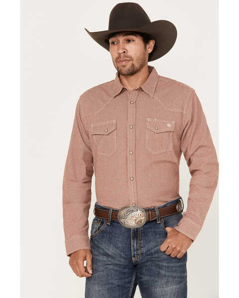 Blue Ranchwear Men's Plaid Print Long Sleeve Western Pearl Snap Shirt, Fired Brick, hi-res