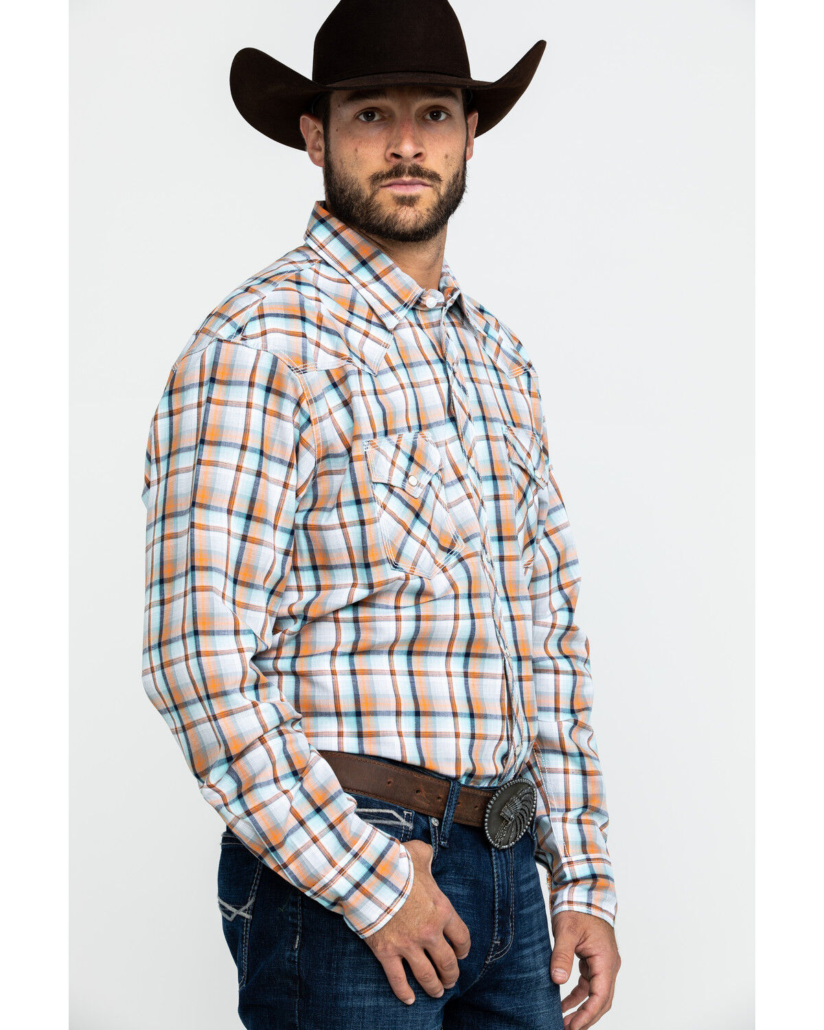 Image #3 - Wrangler 20X Men's Advanced Comfort Orange Plaid Long Sleeve Western Shirt, , hi-res