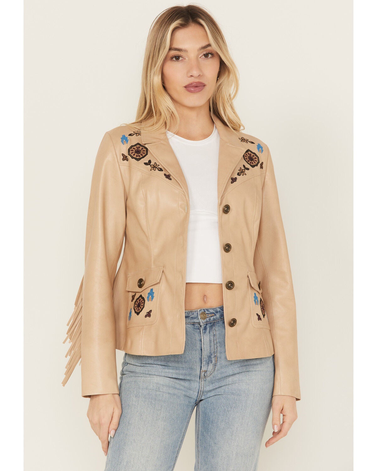 Shyanne Women's Embroidered Faux Leather Jacket, Sand, hi-res
