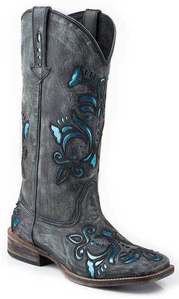 Image #1 - Roper Women's Shiny Turquoise Inlay Western Boots - Broad Square Toe, Black, hi-res
