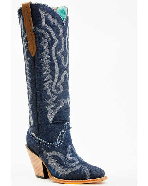 Corral Women's Denim Embroidered Tall Western Boots - Pointed Toe , Medium Blue, hi-res