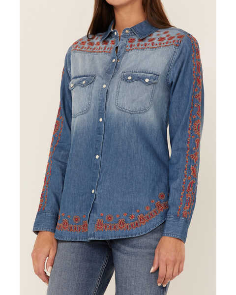 Image #3 - Tasha Polizzi Women's Embroidered Paisley Denim Long Sleeve Shirt, Blue, hi-res
