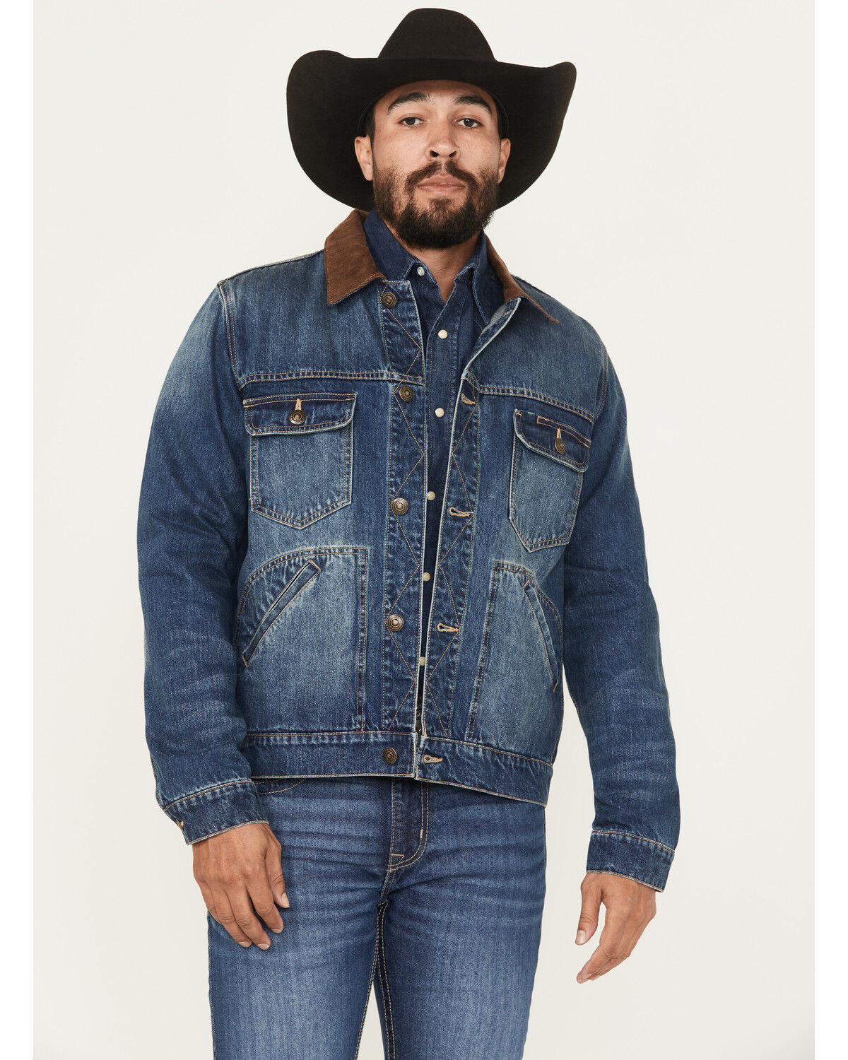 Image #1 - Blue Ranchwear Men's Canyon Corduroy Collar Denim Jacket, Dark Wash, hi-res