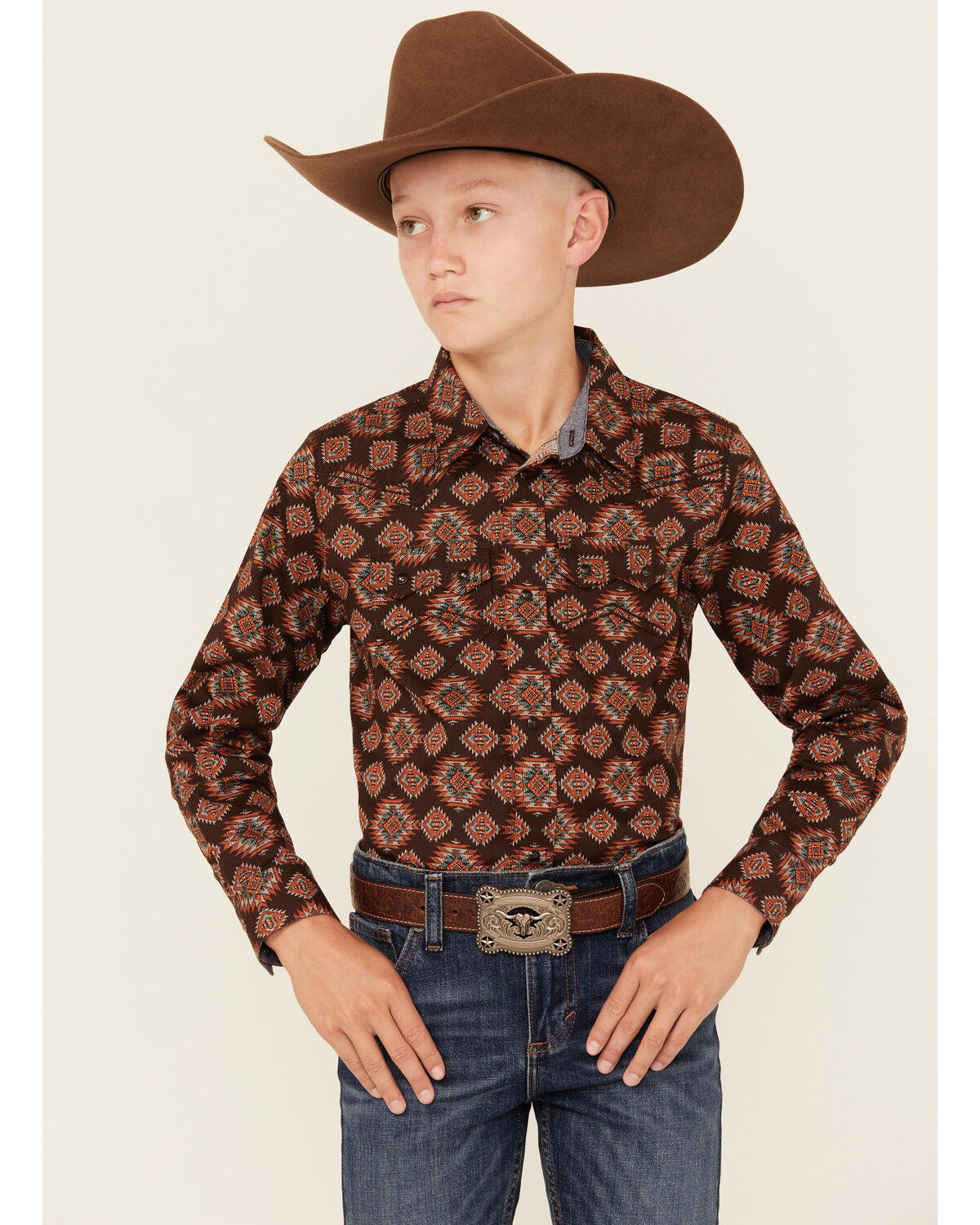 Image #1 - Cody James Boys' Bite The Bullet Southwestern Print Snap Western Shirt, Brown, hi-res