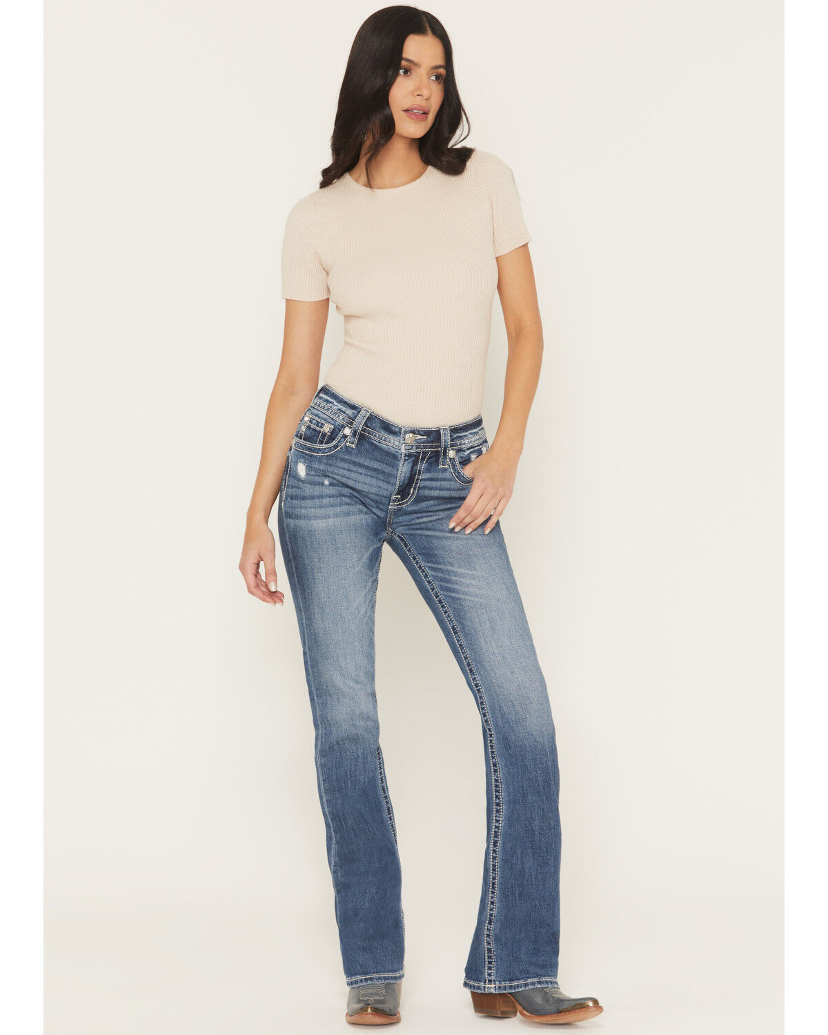 Image #3 - Miss Me Women's Medium Wash Mid Rise Americana Blowout 32" Bootcut Stretch Denim Jeans, Medium Wash, hi-res
