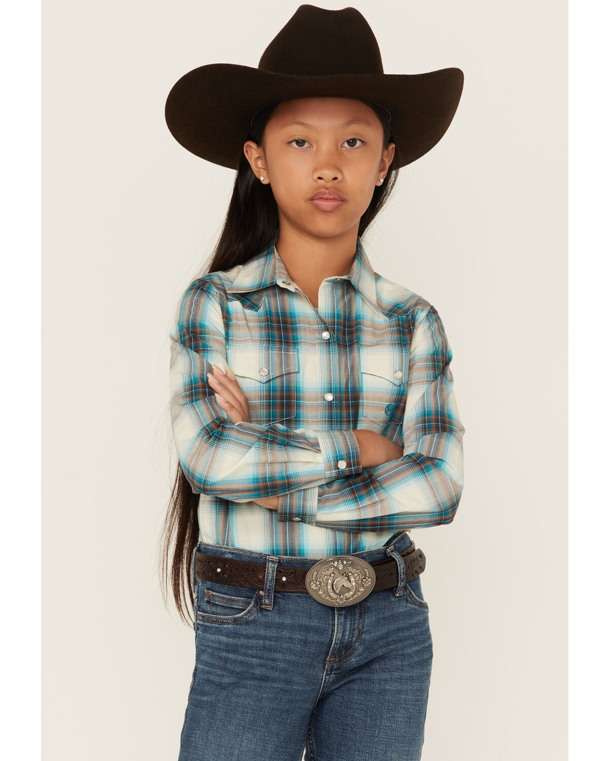 Image #1 - Roper Girls' Plaid Print Long Sleeve Snap Western Shirt, Brown, hi-res